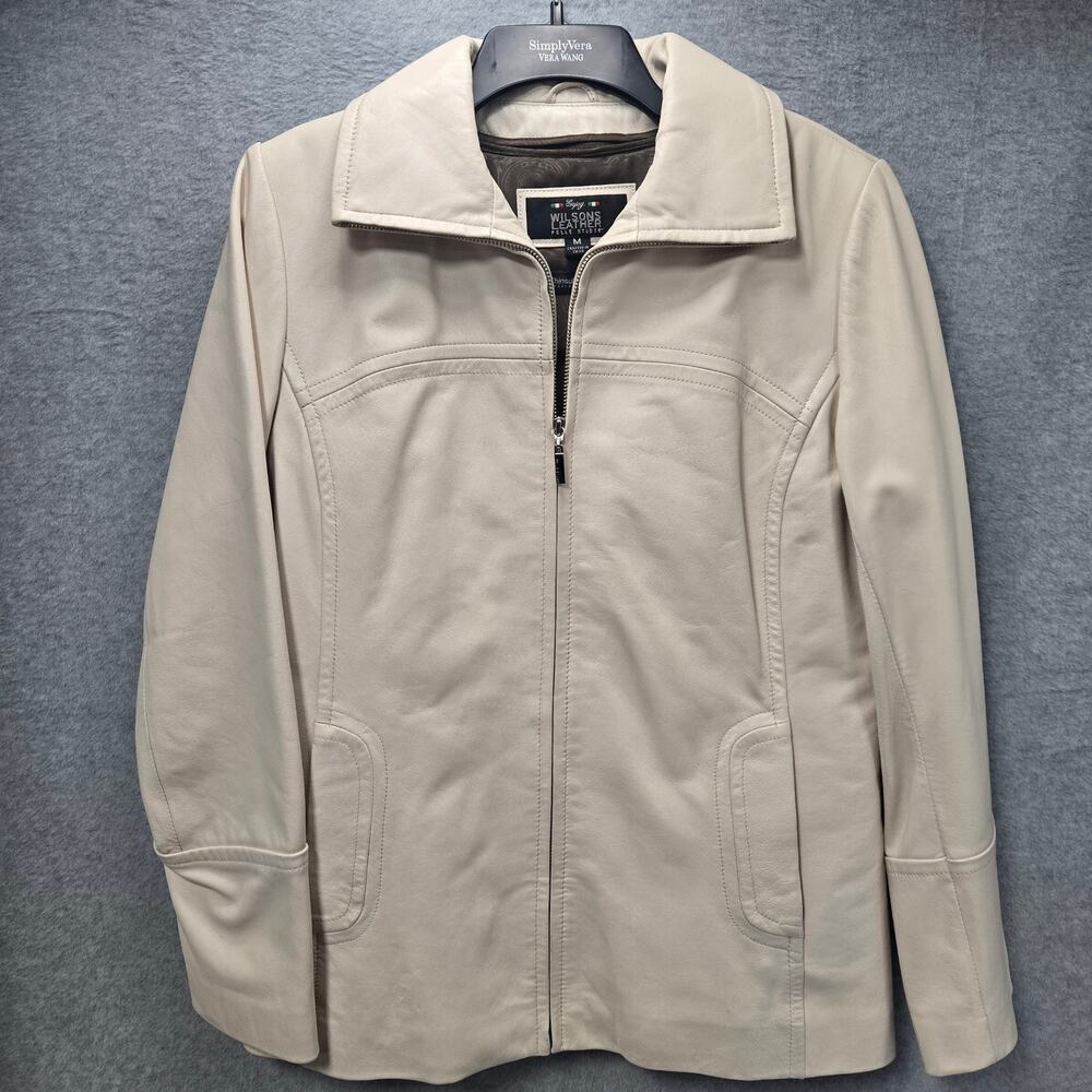 Wilsons Leather Moto Biker Jacket In Cream Size Medium